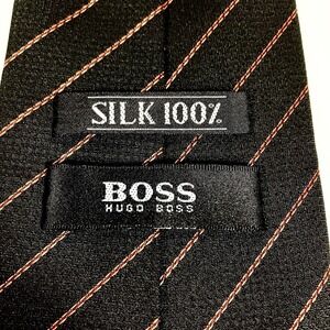Hugo Boss Tie Textured Black Silk Thin Red Stripe Mens Designer Necktie Preppy